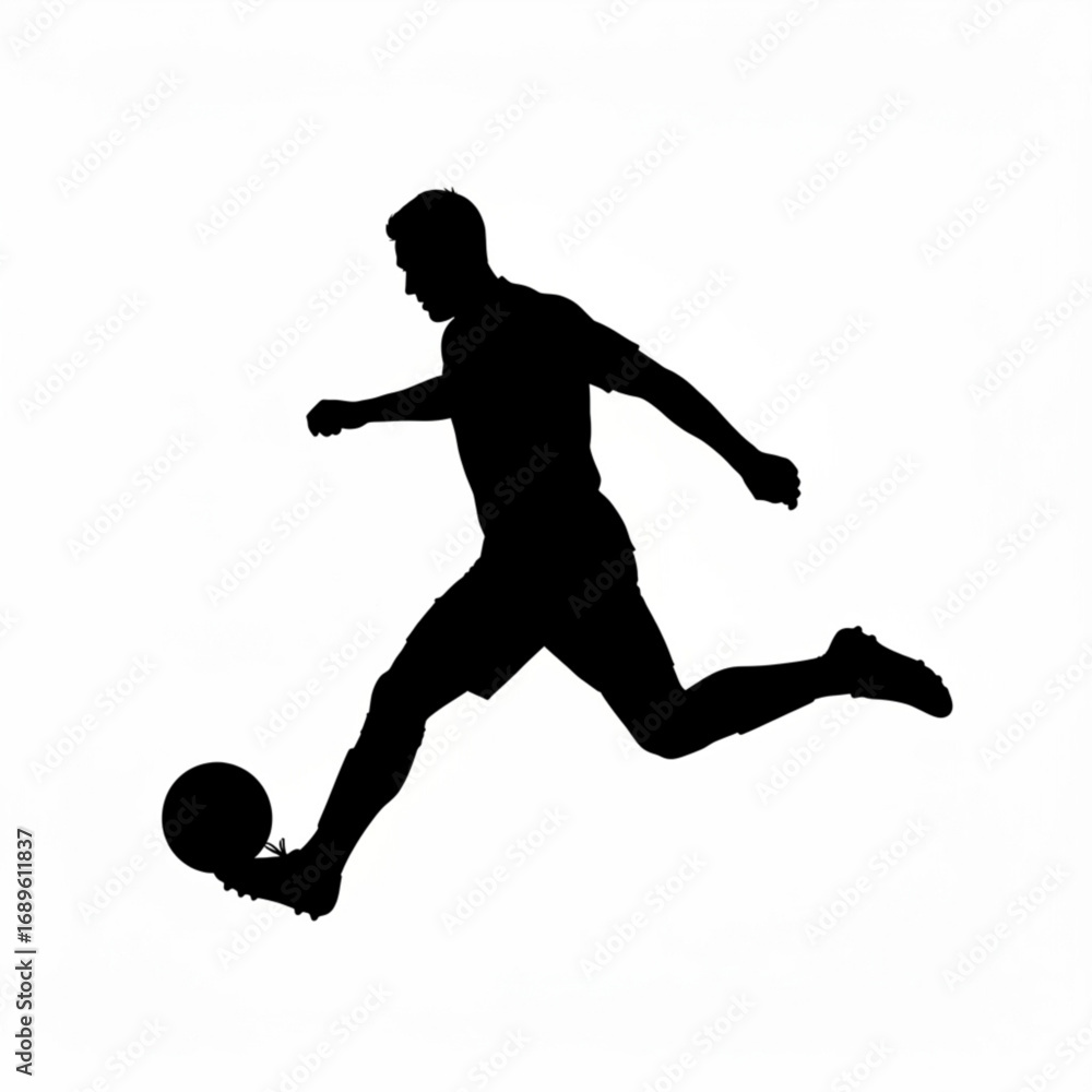 Naklejka premium Silhouette of a soccer player kicking a soccer ball with his right foot in a dynamic action shot pose created with generative ai