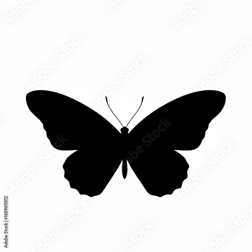 Silhouette of a butterfly with detailed wings and antennae on a plain white background in simple style created with generative ai