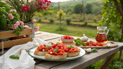 Enjoying bruschetta in a charming italian garden during a warm summer evening