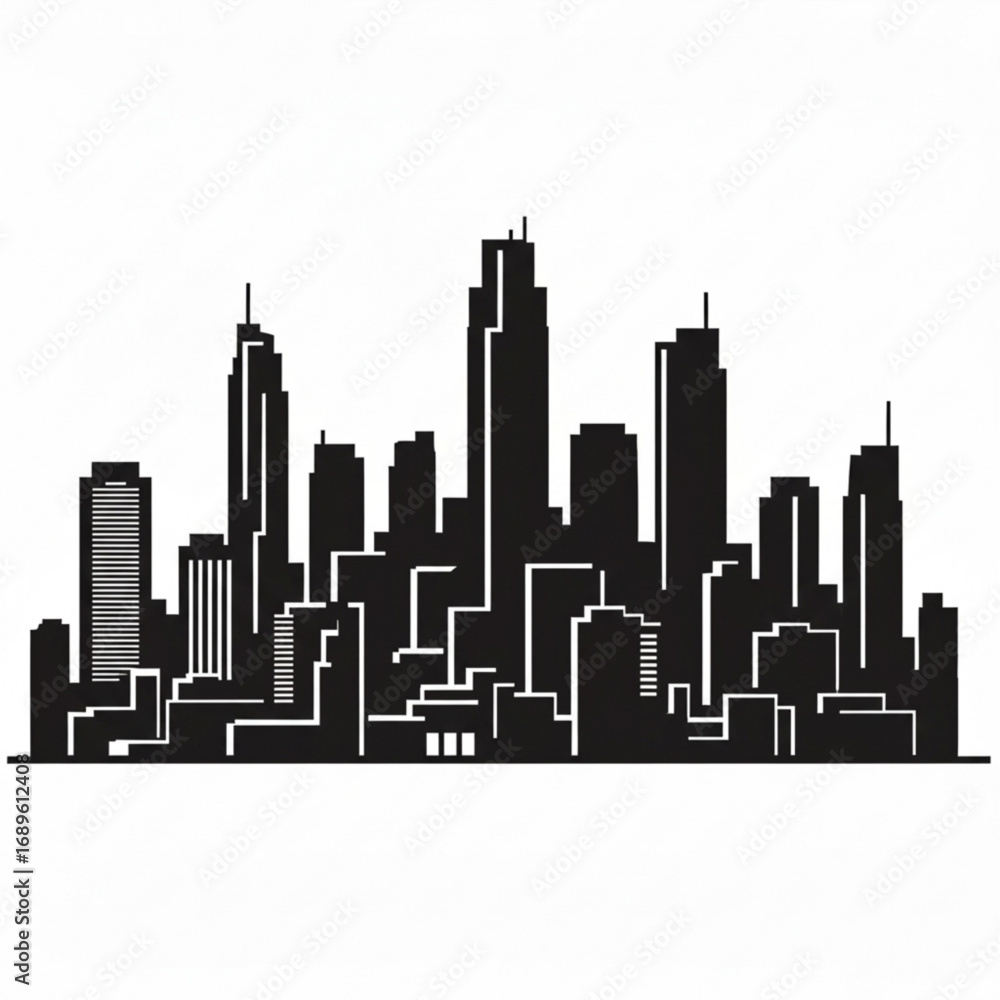 Naklejka premium Silhouette of a cityscape featuring various skyscrapers and buildings against a white background in black color created with generative ai