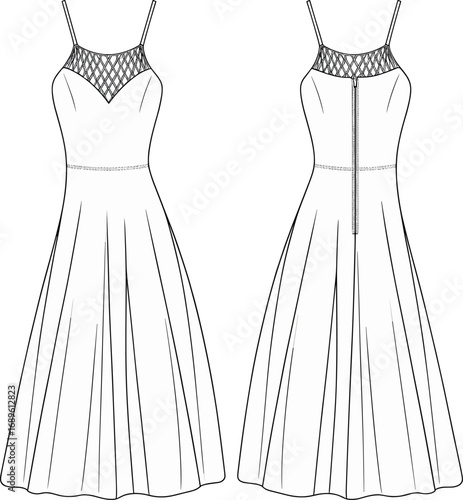 Sleeveless dress fashion sketch, front and back view, pleated skirt, mesh neckline, zipper detail, technical flat, garment design