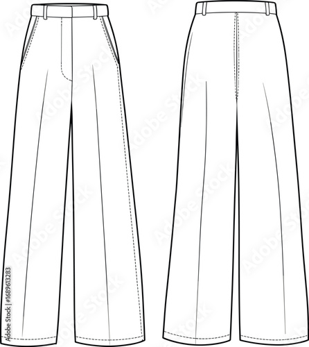 Wide-leg trousers sketch, technical fashion illustration, front and back view, high waist pants, vector template, garment design, pleated detail