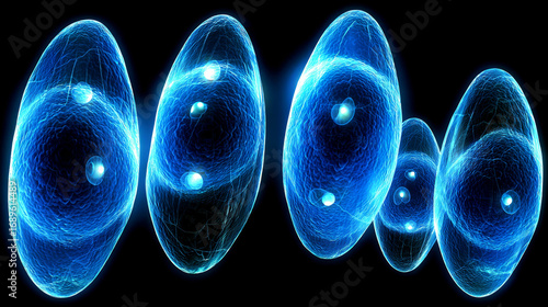 Vibrant blue glowing orbs representing energy dynamics in a dark background during an abstract scientific exploration