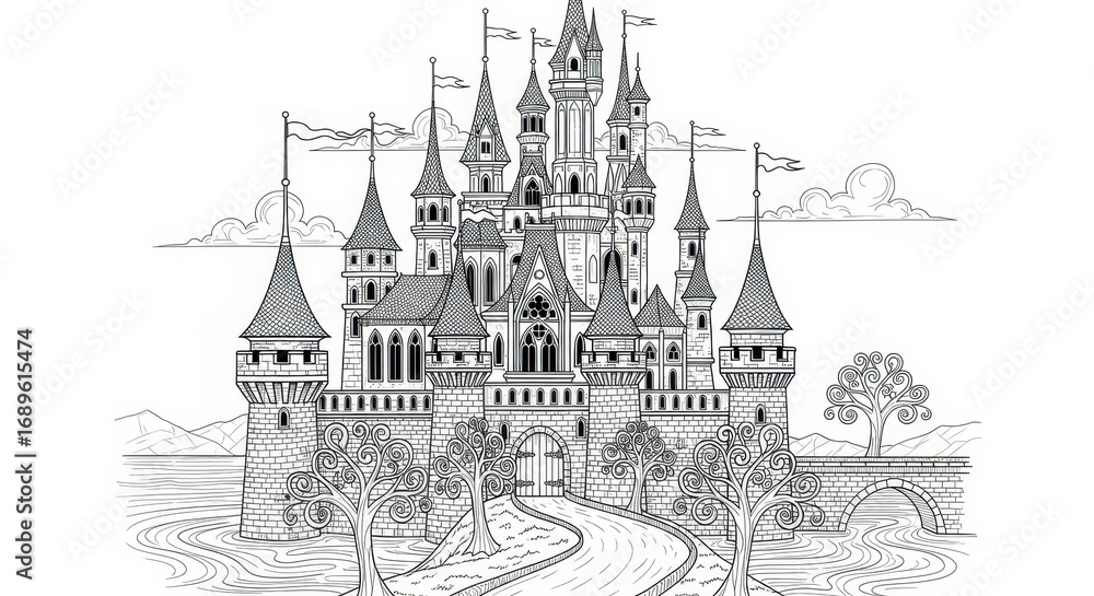 Obraz premium Ornate Fantasy Castle Surrounded by Lush Trees and Buildings in the Distance