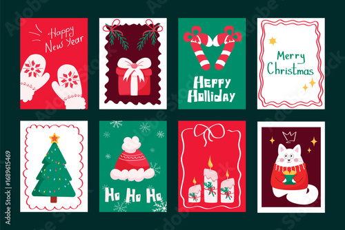 New Year and Christmas greeting cards set with festive illustrations ideal for postcards, invitations, printable wall art, gift tags and holiday stationery