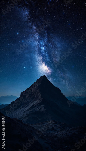 Dark mountain peak beneath starry Milky Way night