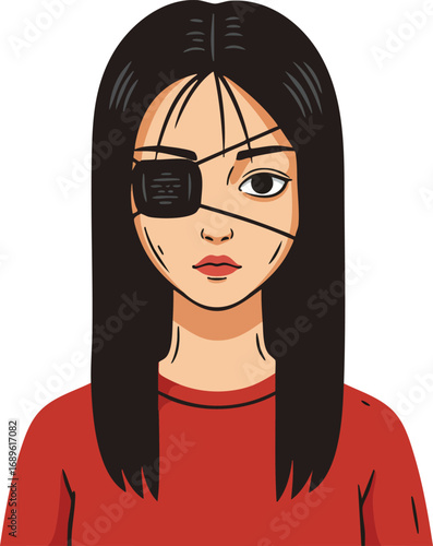 Woman with eyepatch and facial scars wearing red shirt vector portrait illustration 