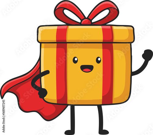 Cute superhero gift box character with red cape and yellow wrapping cartoon vector illustration for holiday celebration design 