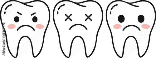 Cartoon sad unhappy teeth with expressions showing pain and decay dental vector illustration 