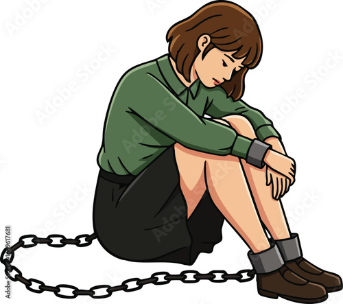 Young woman sitting chained to floor symbolizing captivity and emotional struggle illustration 