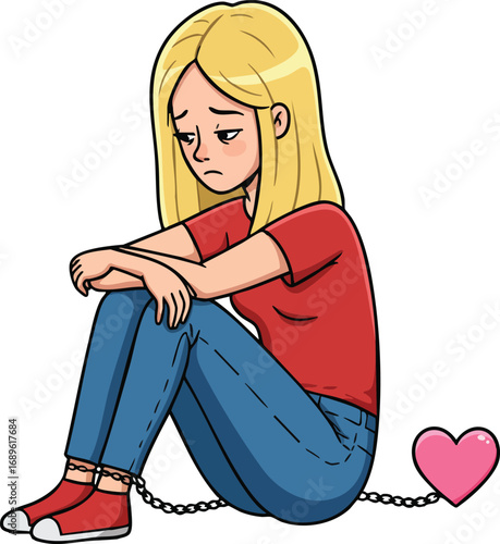 Sad young woman sitting with heart-shaped shackle symbolizing emotional burden and loneliness in casual red and blue outfit vector illustration 