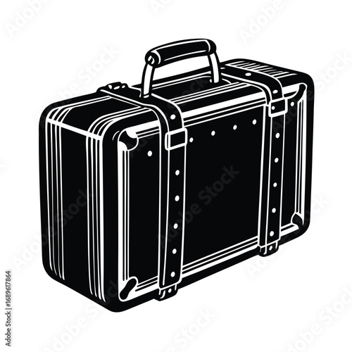 An isolated black vintage leather suitcase with a handle and metal lock