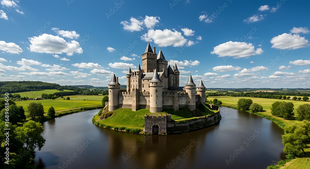 Fototapeta premium Majestic Castle Surrounded by a Serene Moat and Lush Greenery.