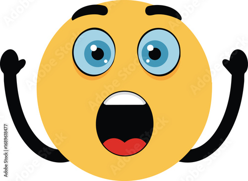 Surprised yellow emoji face with wide blue eyes open mouth and raised hands digital vector illustration 