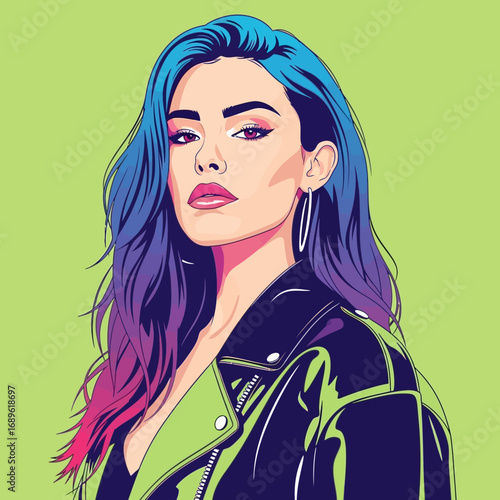Edgy, striking woman with vibrant blue hair and leather jacket embodies cool confidence and modern style