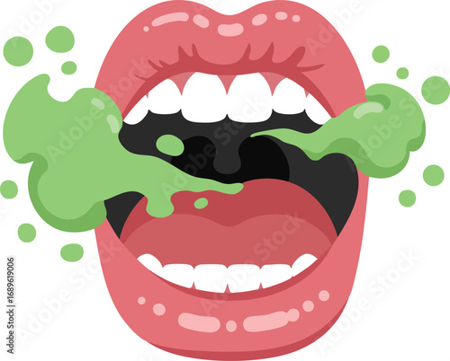 Open mouth with green bad breath smell vector illustration for oral hygiene and health awareness design 