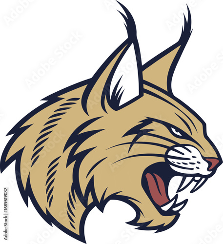 Snarling bobcat head icon with sharp fangs showing for graphic design projects