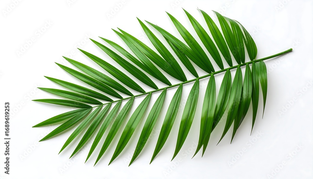 Fototapeta premium Vibrant green palm leaf against white