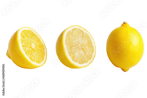 Three lemon halves, vibrant yellow, isolated on black background