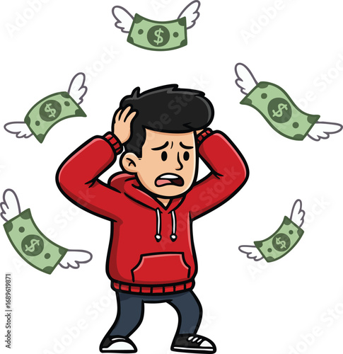 Young man in red hoodie stressed about flying money and financial loss vector illustration 