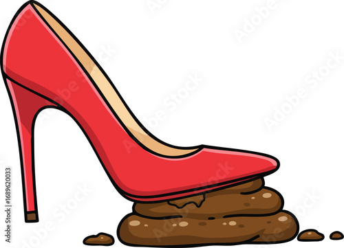 Red high heel shoe stepping on brown dirt or mud isolated on white background vector illustration 