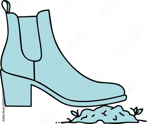 Blue high heel boot stepping on mud vector illustration in simple style with minimal colors