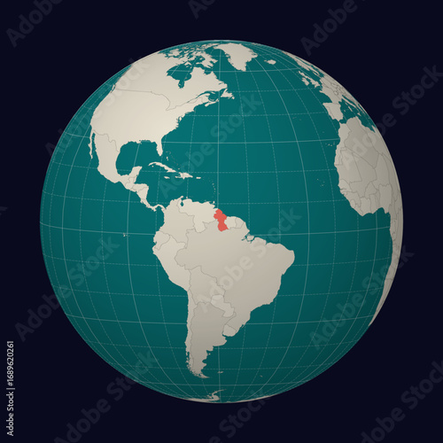 Co-operative Republic of Guyana on the map. Globe centered to Guyana. Country location on the world map. Teal Pale Mint color palette. Globe with countries, meridians and parallels.