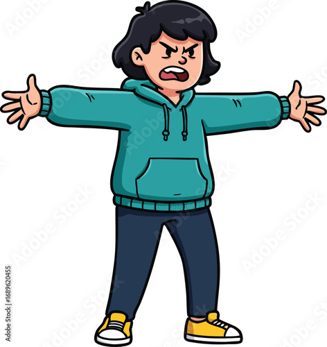 Angry child expressing frustration with open arms wearing teal hoodie and yellow sneakers vector illustration 