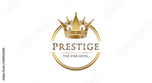 Luxurious golden hotel logo with a crown, the word "PRESTIGE", and the phrase "FIVE STAR HOTEL".