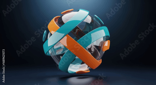 A 3D rendered abstract sphere featuring intersecting colorful ribbons and a glass-like core, set against a dark backdrop.