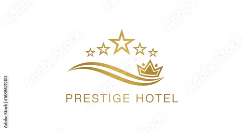 Elegant logo design featuring five stars, a crown, and flowing lines above the text "PRESTIGE HOTEL" in a golden color scheme on a white background.