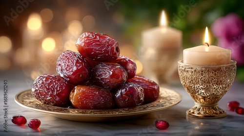 Premium dates on engraved tray  closeup food photography