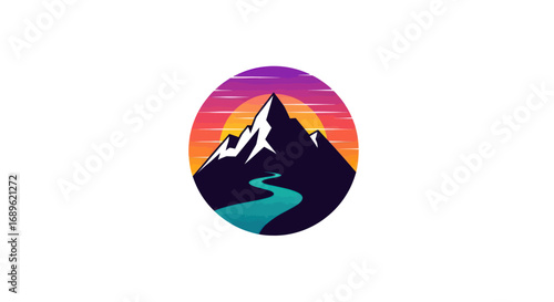 Colorful logo design of a mountain range with a flowing river, set within a circular frame, evoking a sense of adventure and nature.