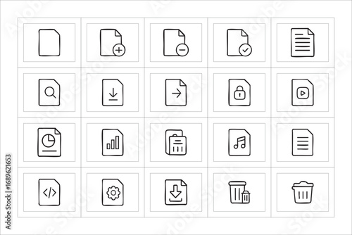 Collection of hand drawn document and file icons with various actions

