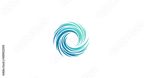 Stylized illustration of a wave cresting, with shades of turquoise and blue, against a white background, creating a dynamic circular motion.