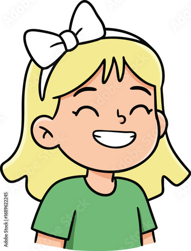 Smiling happy girl with blonde hair wearing green shirt and white bow vector illustration cheerful joyful expression 