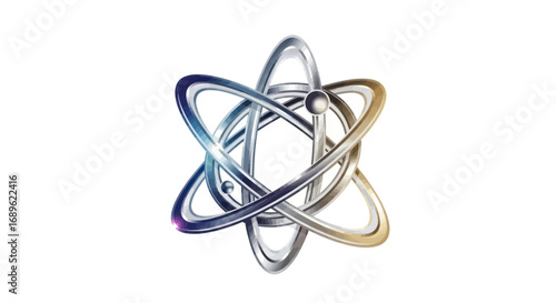 A stylized, metallic atom model with orbiting electrons on a white background.