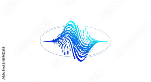 Stylized illustration of a wave cresting, with shades of turquoise and blue, against a white background, creating a dynamic circular motion.
