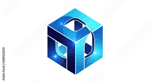 Abstract blue cube with a stylized number nine inside, creating a modern and geometric design.