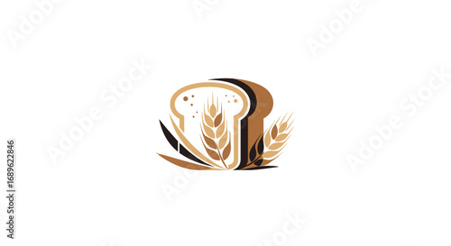 Stylized graphic of a slice of bread with wheat stalks, presented in brown and white tones, creating a simple, elegant food illustration.