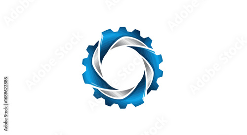 Abstract gear-shaped logo design with a swirling center, rendered in blue and silver on a white background.