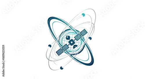 A stylized illustration of a satellite orbiting a globe, surrounded by abstract orbital rings and small spheres against a white background.
