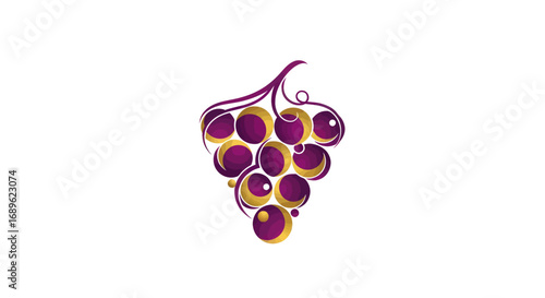 Stylized illustration of a purple grape cluster with golden accents, isolated on a white background.