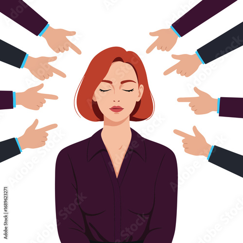 Woman surrounded by multiple pointing hands with closed eyes wearing dark purple shirt vector illustration 