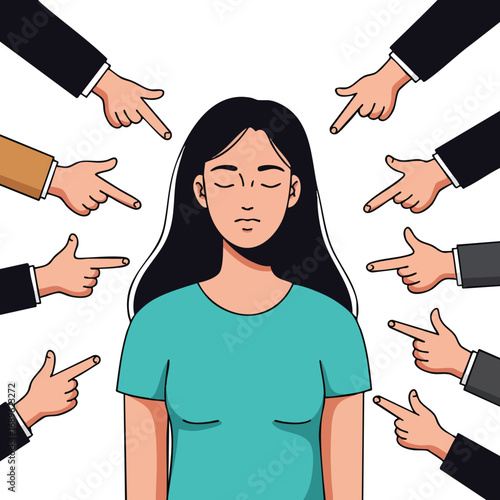 Woman Facing Blame and Judgment from Multiple Hands Pointing Accusatory Fingers Around Her