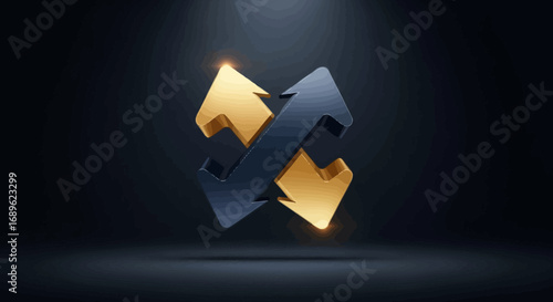 Interlocked arrows in gold and black, pointing in opposite directions, against a dark background with subtle lighting.