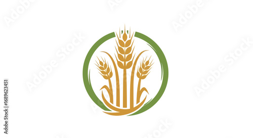 Illustration of golden wheat stalks enclosed within a green circular frame, symbolizing agriculture and nature.