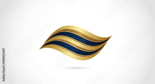 Abstract wavy shape with golden and dark blue layers, suggesting elegance and fluidity, isolated on a white background.