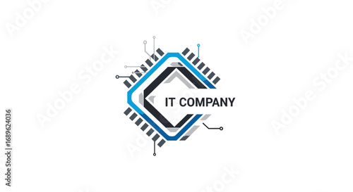 A stylized logo featuring a geometric design resembling a computer chip with the text "IT COMPANY" inside a blue and black frame.