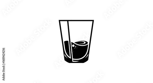 Black and white illustration of a short glass containing a dark liquid with a swirl.